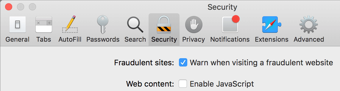 disable security on safari