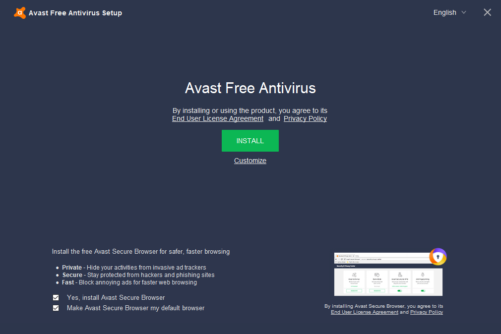 Avast Secure Browser bundled at the Avast Free installation