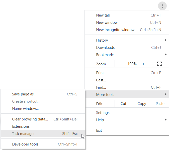 Open More tools and Task manager (Shift + Esc)