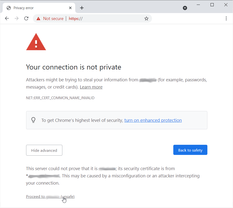 How to unblock a website on Chrome: Your connection is not private > Proceed to (unsafe)