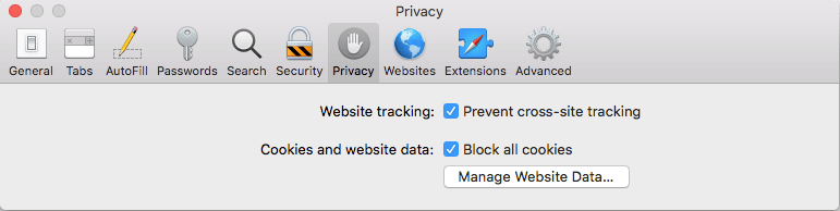 Safari browser Privacy settings: Block all cookies