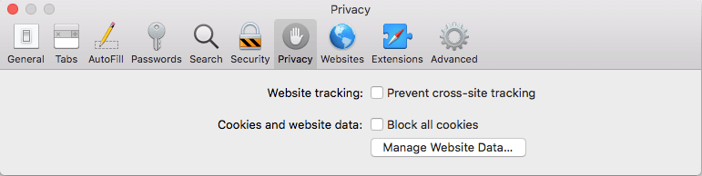 Safari browser Privacy settings: Enable cookies