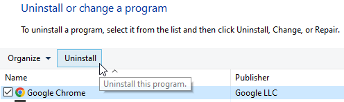 Uninstall Google Chrome completely on Windows - uninstall google chrome button