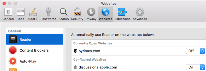 Safari Reader mode settings on macOS