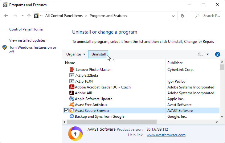 Uninstall Avast Secure Browser from Control Panel